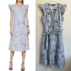 NWT TOMMY HILFIGER Blue Striped Floral Flutter-Sleeve Midi Dress